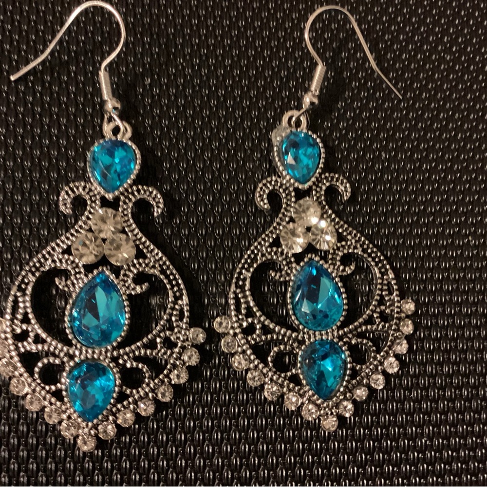 Vintage Silver and Blue Chandelier Earrings - Picture 1 of 4